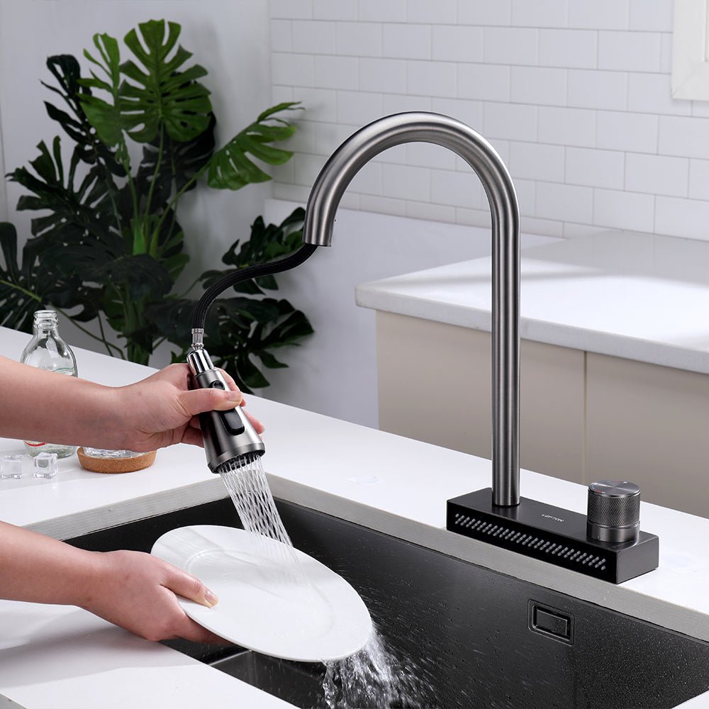 Grifo de cocina bifuncional abatible y en cascada